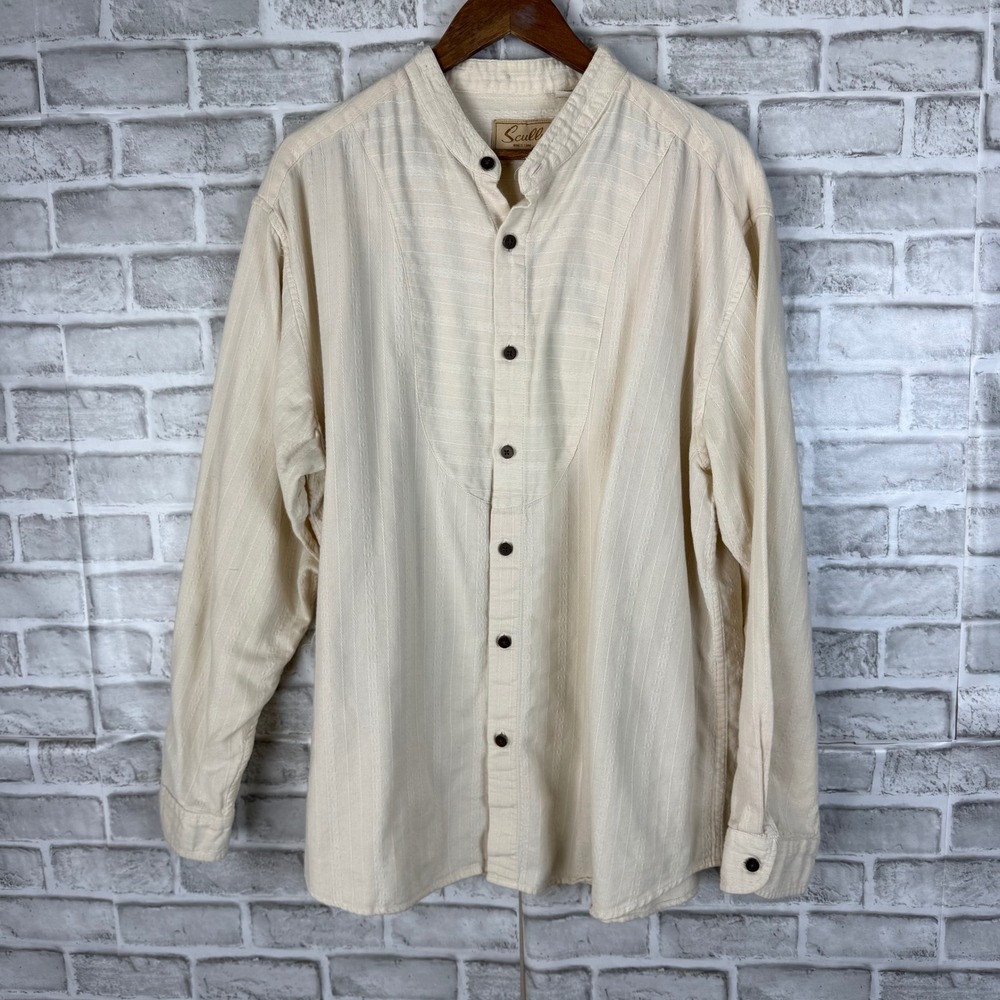 Scully Mens Cream Cotton Textured Band Collar Bib Front Western Shirt XXL RW-08